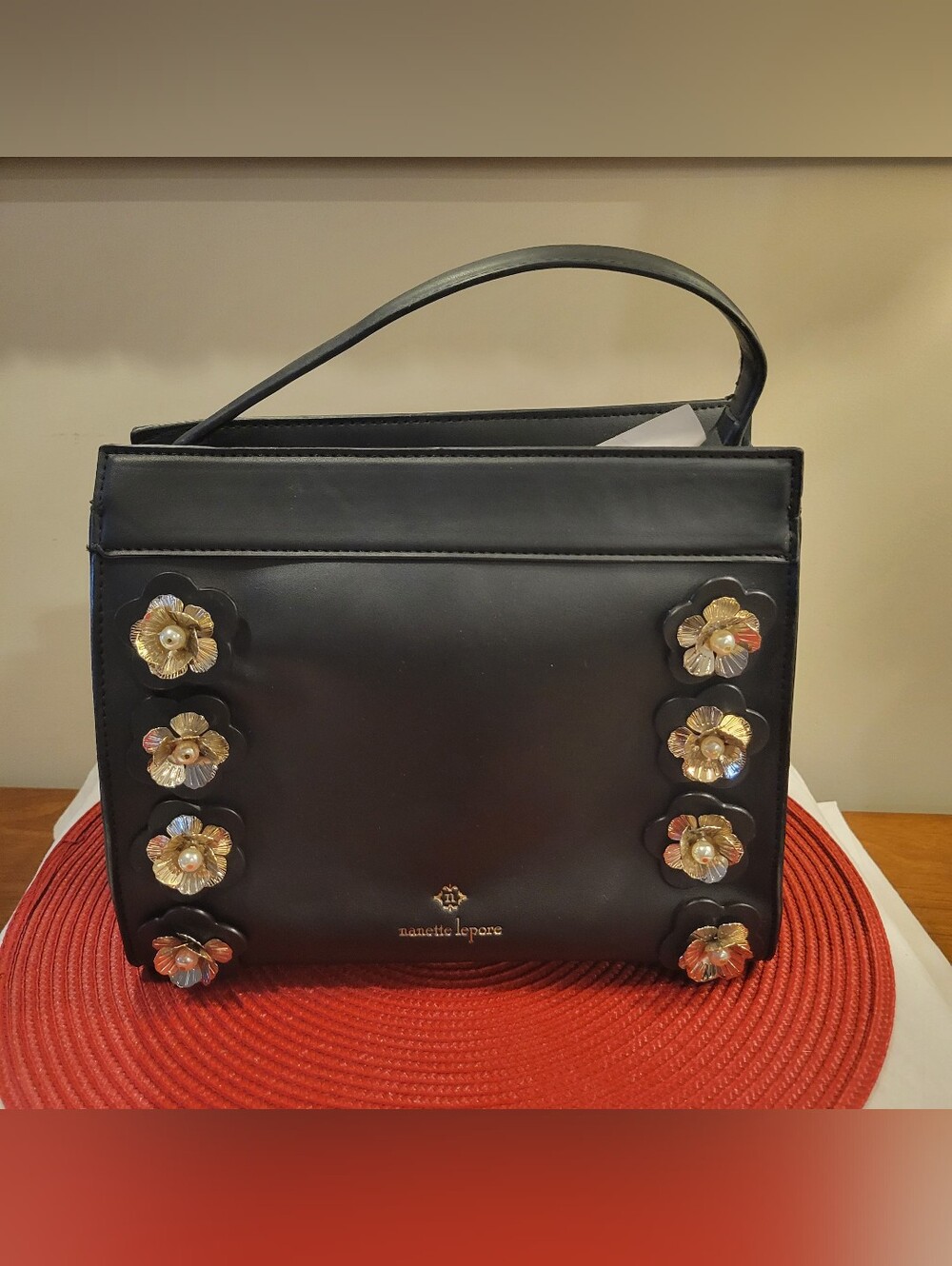 👛EUC~ NANETTE LEPORE  Black Top-Handle Bag with Gold Floral Accents
